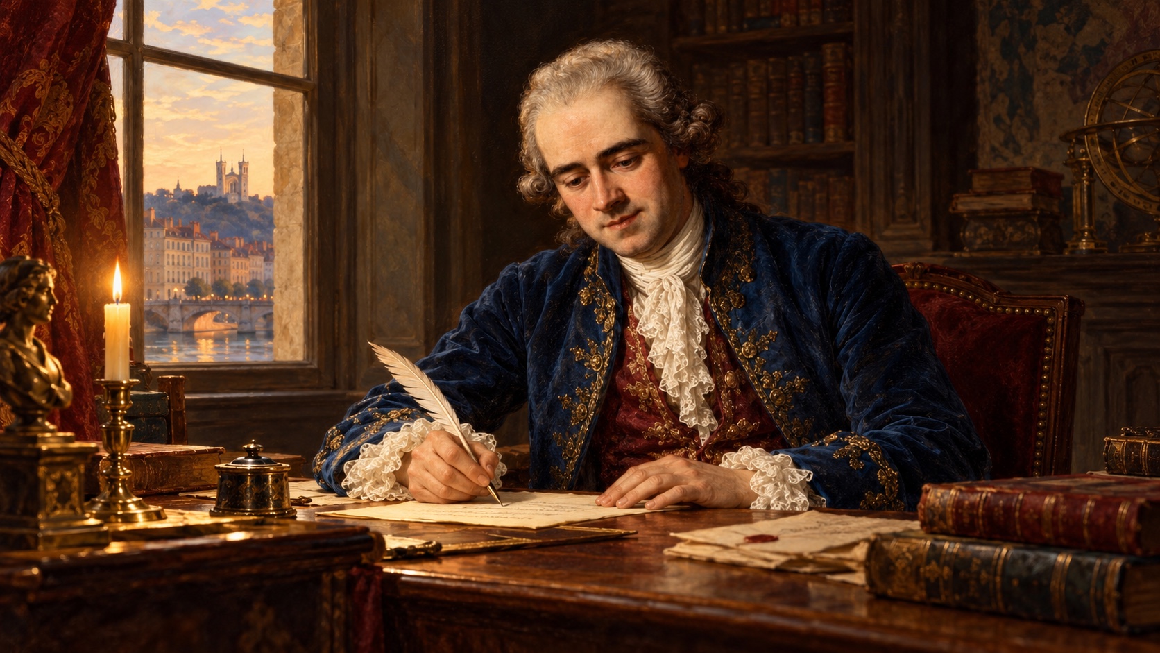 Illustration de Jean-Baptiste Willermoz rédigeant une lettre à un candidat